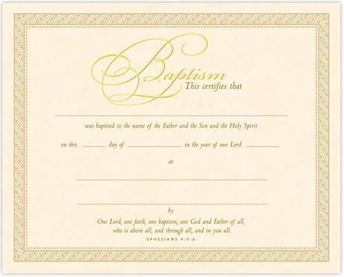 Parchment Baptism Certificates – Pack of 6, Gold Foil Embossed, 10″ × 8″, KJV (Ephesians 4:5-6) – Elegant Religious Keepsakes for Church Baptism Ceremonies