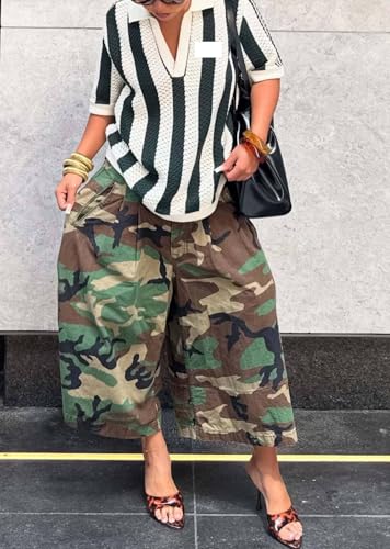 Image of Women's Barrel Camo Pants High Waisted Wide Leg Peated Palazzo Camouflage Capris Baggy Y2k Army Fatigue Trousers