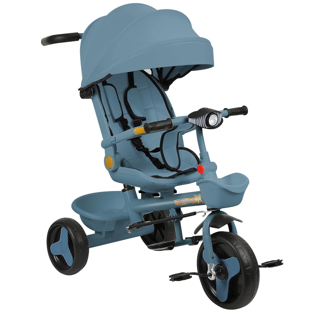 Triciclo escalable 5 en 1 para niños, barra de empuje ajustable, capacidad 20 kg, cochecito compacto con cesta y canopy, luces y música, asiento giratorio ajustable (azul)
