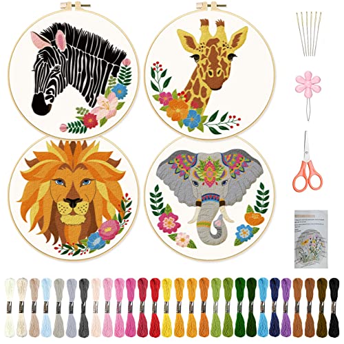 Image of ORIGACH 4 Pcs Wild Animal Embroidery Starters Kit for Beginners, Zebra Lion Elephant Giraffe Embroidery Stitch Practice kit Include Embroidery Cloth, Embroidery Hoops, Threads and Needles