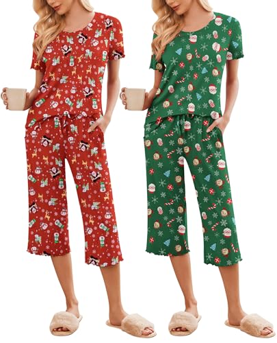 Image of Ekouaer 2 Pack: Women's Pajamas Set Short Sleeve Sleepwear Capri Pants Pjs Soft Loungewear with Pockets