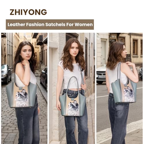 ZHIYONG Large Leather Tote Bag for Women with Shoulder Strap, Spacious Handbag, Trendy Top Handle Purse for Work, Travel, Shopping, and Casual Outings, Gray with Black & White Cat Design — view 2