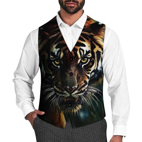 Portrait of Wild Tiger Men's Suit Vest Slim Fit V-Ncek Waistcoat Business Casual Vest