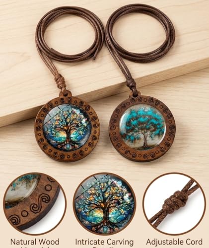 Image of 2 PCS Tree of Life Necklace, Elegant Wooden Pendant Design, Spiritual Symbol Jewelry for Men, Unique Necklaces, Adjustable Cord Length for Comfortable Wear, Natural Finish with Detailed Carving