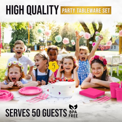 Image of Exquisite 350 Pcs Hot Pink Plates and Napkins Party Supplies Plate Sets | Sturdy Plastic Dinnerware Set With 9 inch & 7 inch Plates, 12 Oz Cups, Lunch Napkins and Cutlery Serves 50 for Birthdays & Everyday