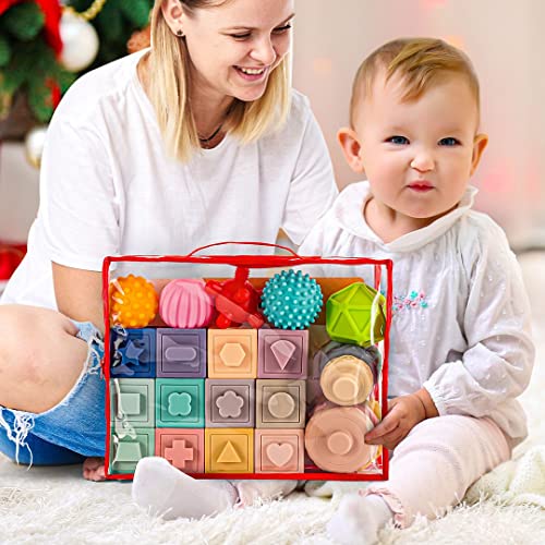 Springflower 3 In 1 Montessori Toys For Babies 0-3-6-12 Months, Soft Baby Teething Toys, Stacking Building Blocks For Infants, Sensory Developmental Education Toys For Toddler Baby 12-18 Months,23 Pcs #TOP5