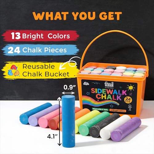 image for Fat Zebra Designs 24 PCS Sidewalk Chalk for Kids - 13 Colors Bucket - 