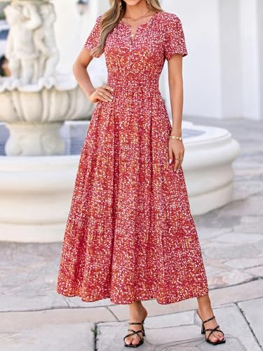 Image of BTFBM Womens Summer Floral Maxi Dresses V Neck Short Sleeve Boho Casual Flowy Long Wedding Guest Dress Beach Vacation
