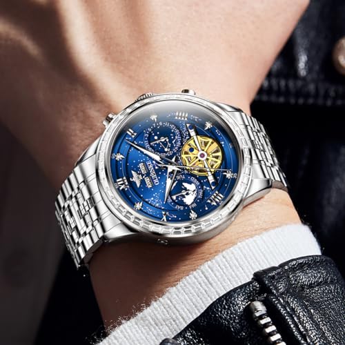 Image of OUPINKE Watch for Men Skeleton Self Winding Mechanical Automatic Luxury Dress Black Wrist Watch Waterproof Luminous Tungsten Sapphire Crystal