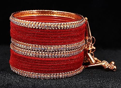 Image of NMII Metal with Zircon Gemstone and Velvet Studded Bells Latkan Bangles Set For Girls and Women I Latkan Bangles, Premium Bangle Bracelet Set I Pack of 16 Bangles