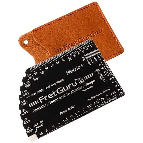 Image of FretGuru METRIC+ 8-in-1 String Action Gauge Guitar Fret Ruler Precision Fret Rocker - Precise CNC Machined, Diamond Honed, Polished Edge Guitar String Height Gauge - Luthier Tool with Leather Case