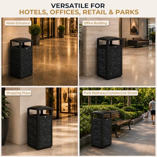 Image of Commercial Outdoor Trash Can with Lockable Lid | Heavy Duty, 15 Gallon, Removable Inner Liner, Stone Composite Panels, Black