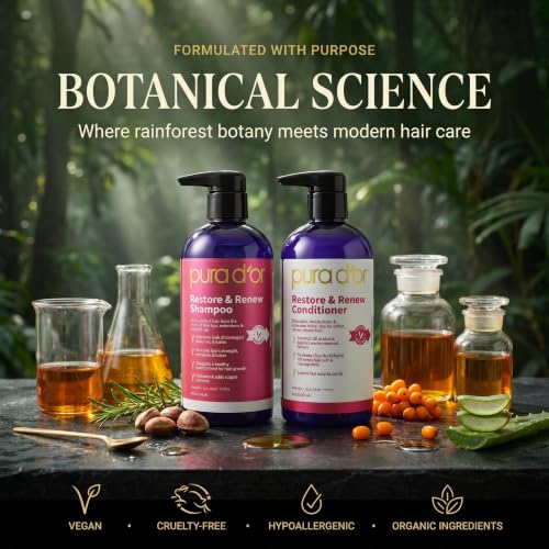 PURA D'OR Restore & Renew Shampoo and Conditioner Set for Strong, Healthy, and Nourished Hair with Organic Aloe Vera, Rosemary, Sea Buckthorn, Cacay, Coconut, Seaberry & Cedarwood - image 5