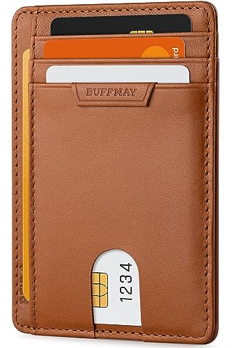 Image of Buffway Slim Wallet for Men Women Minimalist Small Leather Front Pocket Wallets with RFID Blocking and Gifts Box - Bassa Brown