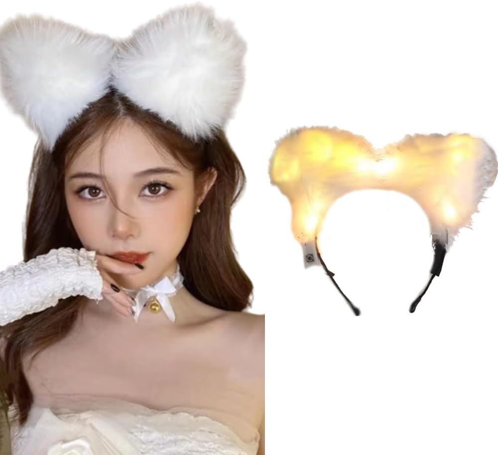 Light Up Headbands LED Cat Ears Headband Faux Fur Hair Hoop For Halloween Cosplay Costume Christmas Party image 4