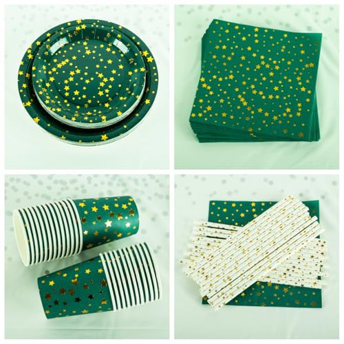 CEILIWEN 125PCS Green & Gold Stars Party Tableware Set - 9'' & 7'' Foil Paper Plates, Napkins, Cups & Straws - for Christmas, Birthday, Wedding, Graduation, New Year (Green & Gold Stars) - Image 3