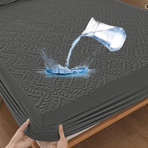 Protector de colchón impermeable de 120 x 200 cm, sábana bajera ajustable, diseño 3D, transpirable, impermeable, protección contra la humedad, color gris oscuro