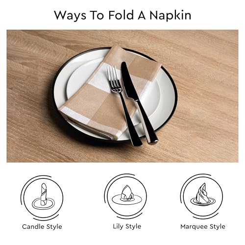 Image of Encasa XO Dining Table Napkins Set of 6, 50x50 cm | Machine Washable Reusable, Recycled Cotton Cloth Napkin, Soft & Absorbent, Table Decor for Hotels, Farmhouse - White & Buffalo Beige Checks
