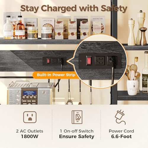 Image of SUPERJARE Large Bakers Rack with Power Outlets, 6-Tier Microwave Stand, Coffee Bar with 12 S-Shaped Hooks, Kitchen Shelf with Wire Basket, 39.4 x 14.6 x 66.9 Inches, Charcoal Gray