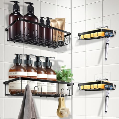 GOUNNU Mensola Doccia Senza Foratura, 4 Pezzi Mensole Bagno Acciaio Inox, Resistente alla Ruggine, con Ganci Organizer Bagno Parete Shampoo, Porta Oggetti Doccia Robusto (2 Scatole di Sapone)