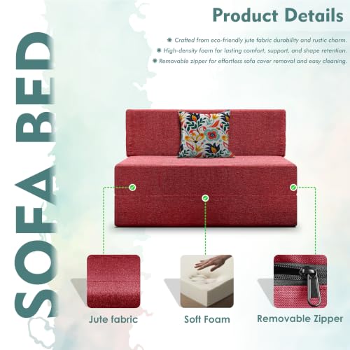 Image of Los Angeles Foldable One Seater Sofa Cum Bed, Sofa Bed 3 X 6 Feet Jute Fabric Washable Cover- Including Cushion Perfect for Living Room - Red