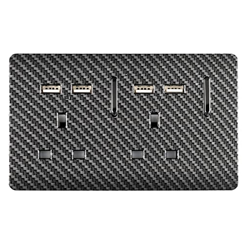 Trendi 2 Gang Artistic Modern Glossy Screwless Raised 13 Amp 240v Short 4 USB Type A Charging Points Double Chrome Switched Electrical Wall Plug Socket Carbon Fibre - ART-SKT213USBCF