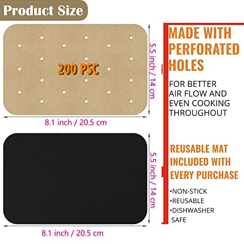 Image of WMKGG Rectangular Air Fryer Parchment Paper, 200 PCS Air Fryer Liners | Disposable Perforated Parchment with 2 Grilling Mat for Ninja DZ201 Foodi 6-in-1 8-qt. 2-Basket