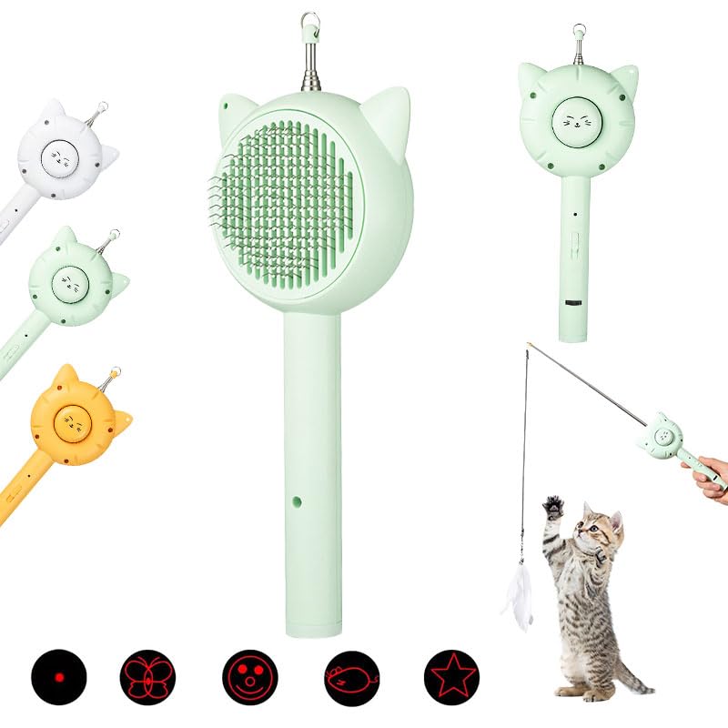 5 in 1 Cuddles And Meow Cat Brush with Release Button Cat Comb, Pet Hair Cleaner Brush for Cats and Dogs, Pet Grooming Self Cleaning Brush for Shedding Long Haired & Short (Green)