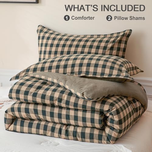 Image of Cyusri Cotton Plaid Full Comforter Set - Soft Lightweight Bedding 3 Pieces Dyed Bed Set with 2 Pillow Shams,Reversible All Season Farmhouse Down Alternative(Full Size 80 inchx90 inch Dark Green)