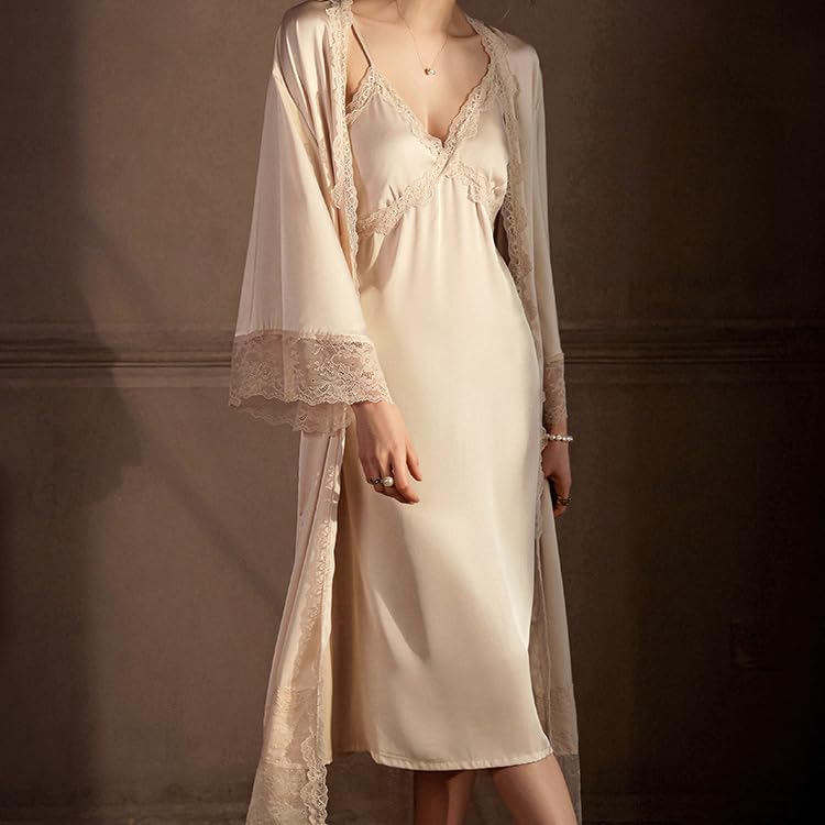 Women's Sexy Silk Long Cami Sleepwear and Lace Robes Wedding Bridesmiad Pajama Sets