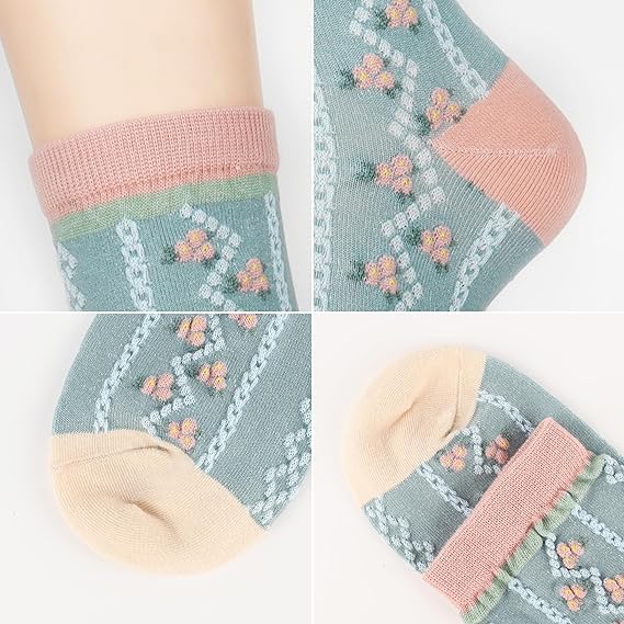 Image of HOMSSEM Floral Crew Socks - 5Pair Flower Graphic Soft Cotton Socks for Women, Teen Girls - for Sandals, - Cute Vibrant Colors