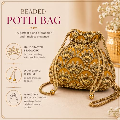 Image of Women's Embellished Zari & Pearl Velvet Potli Bag - Elegant Traditional Handcrafted Clutch for Weddings & Festive Occasions