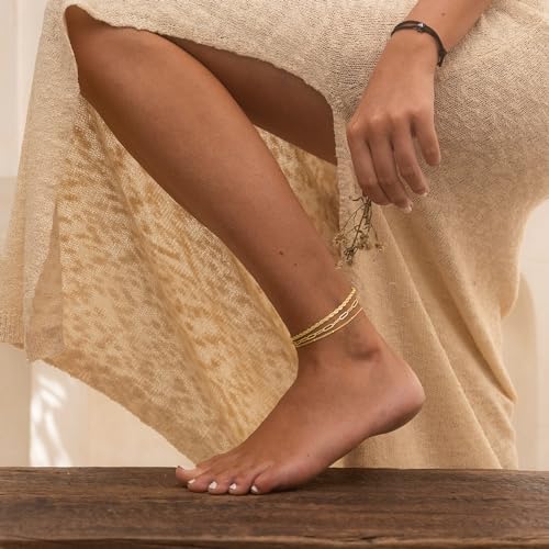 Image of DEARMAY Gold Ankle Bracelets for Women Waterproof, Non Tarnish 14K Gold Plated Beaded Link Chain Anklets, Layered Summer Beach Jewelry Gifts, Dainty Bikini Outfits for Vacation