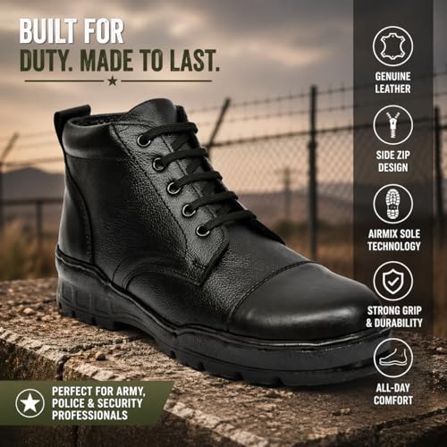 Image of Men's Genuine Leather Army Police Boots | Side Zip Military Tactical Boots | Anti-Slip Airmix Sole | High Ankle Security Duty Shoes | Comfortable Outdoor Combat Patrol Work Boots for Men