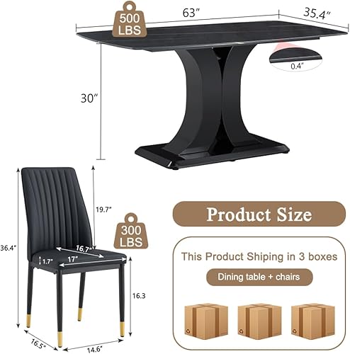 Miniatura 3 de Juego de mesa de comedor moderno para 6, sillas de cocina de mármol para 6, mesa de cocina rectangular con 6 sillas tapizadas de piel sintética para