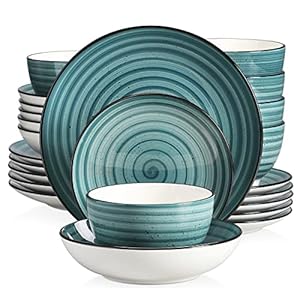 vancasso Bonbon Green Dinner Set – 24 Pieces Stoneware Dinnerware Set, Handpainted Spirals Pattern Ceramic Combination Set with Dinner Plate/Dessert Plate/Soup Plate/Bowl, Service for 6