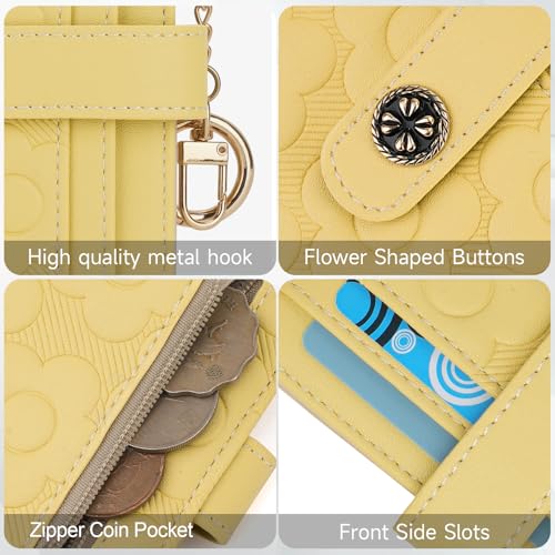 Image of RFID Wallet Women,Slim Small Wallets Embossed Flower Leather Bifold Compact Ladies Girls Wallet with Credit Card Holder Zipper Coin Pocket Yellow
