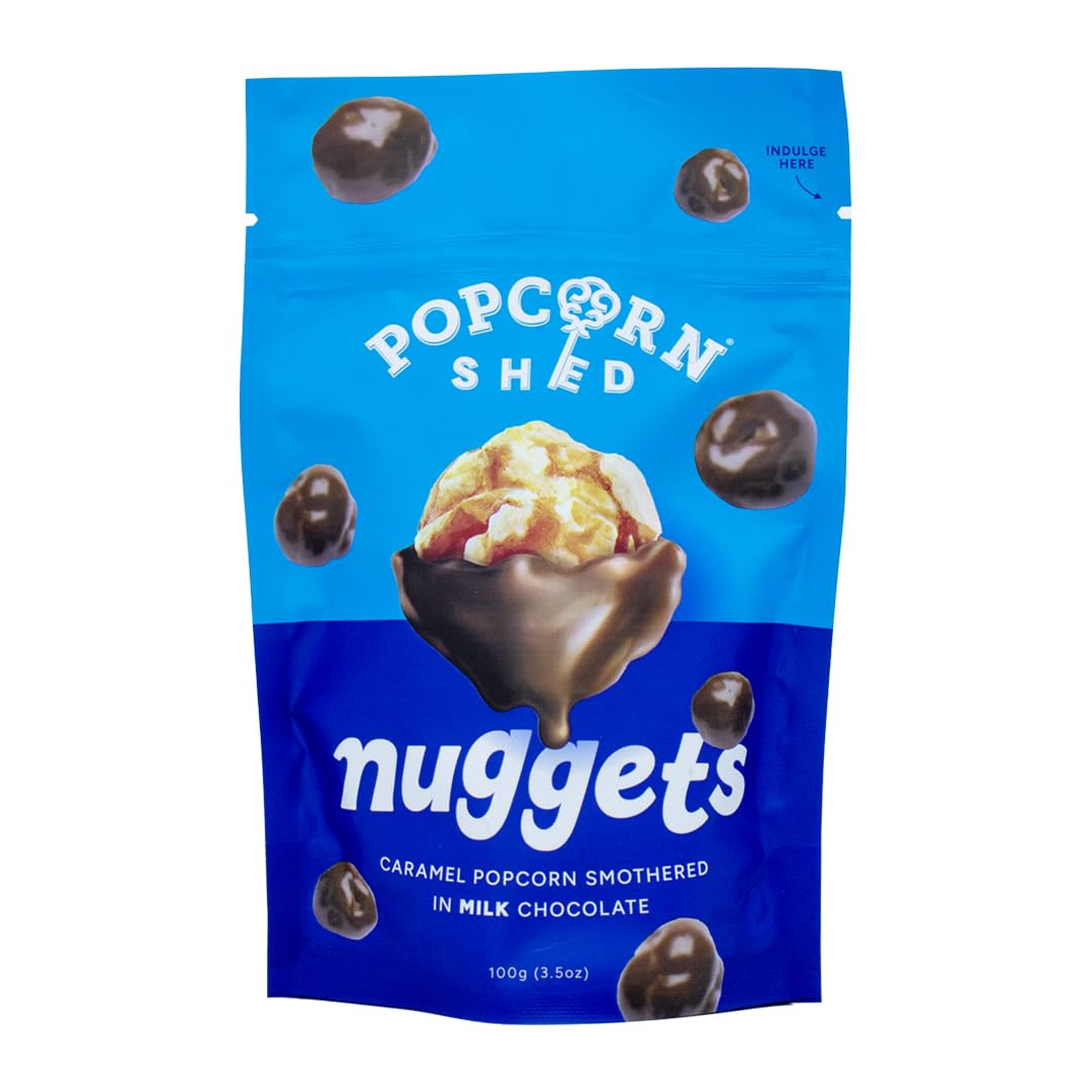 Milk Chocolate Popcorn Nuggets, 8 x 100g Pouch, Caramel Popcorn Smothered in Belgain Milk Chocolate, Movie Night Snack