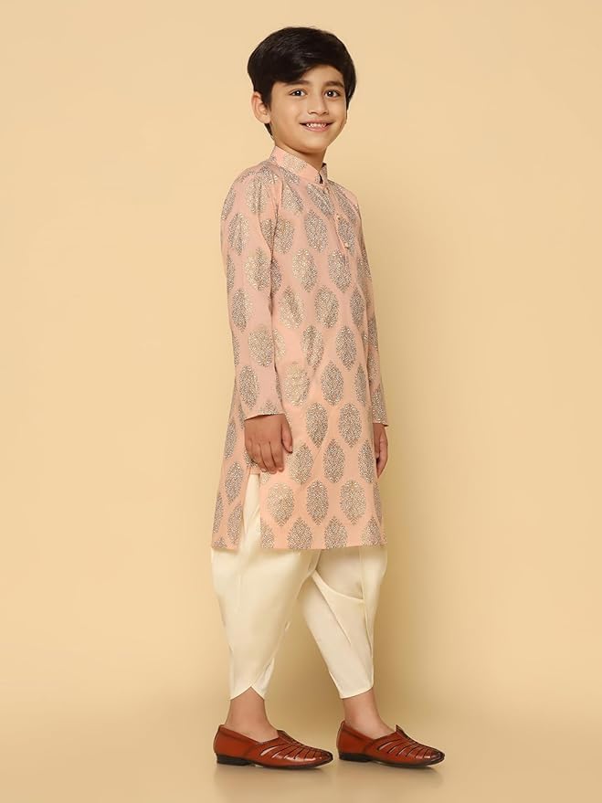 Kisah Boy's Kurta, Peach Cotton Blend, Ethnic Motifs Long Sleeves Regular Fit Mandarin Collar (7-8 Years)
