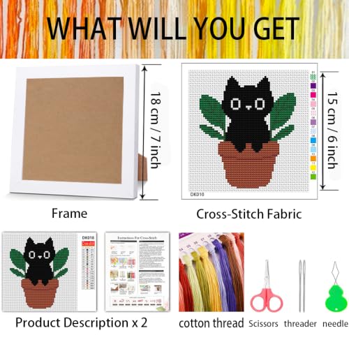 Image of Black Cat Plants Stamped Cross Stitch Kits for Adults Beginners with Frame | Partial 11CT Cross-Stitch,DIY Arts and Crafts for Adults,Embroidery Kit for Adults Beginners 7x7inch