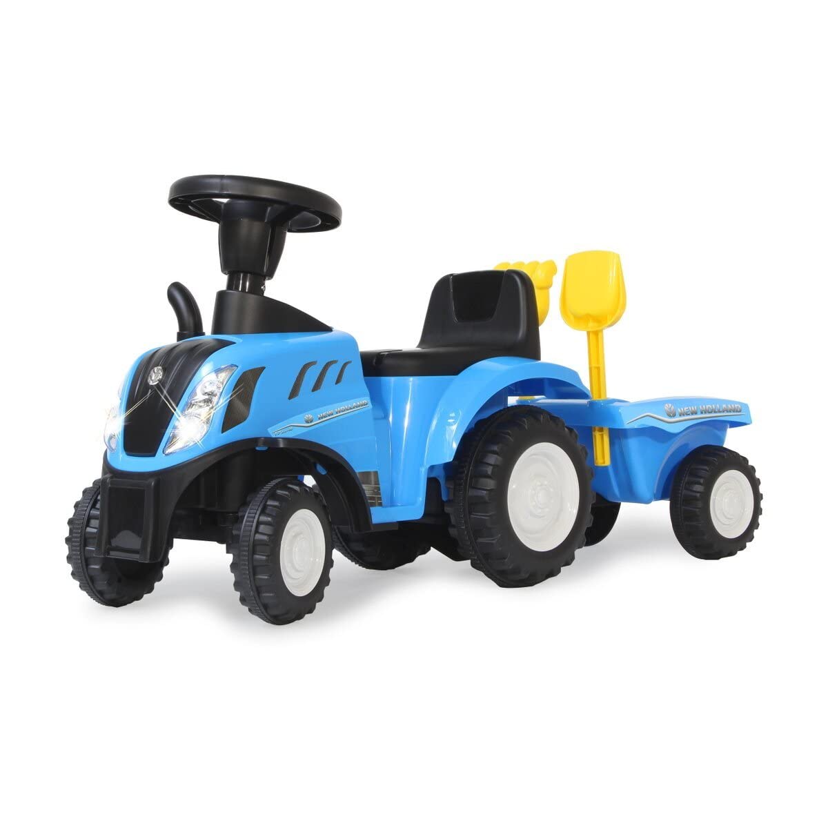 Rutscher New Holland T7 Traktor – ab 12 Monate, Sitzhöhe 270 mm, Kippschutz, originalgetreue Optik, Anhänger mit Schaufel und Rechen, LED Licht