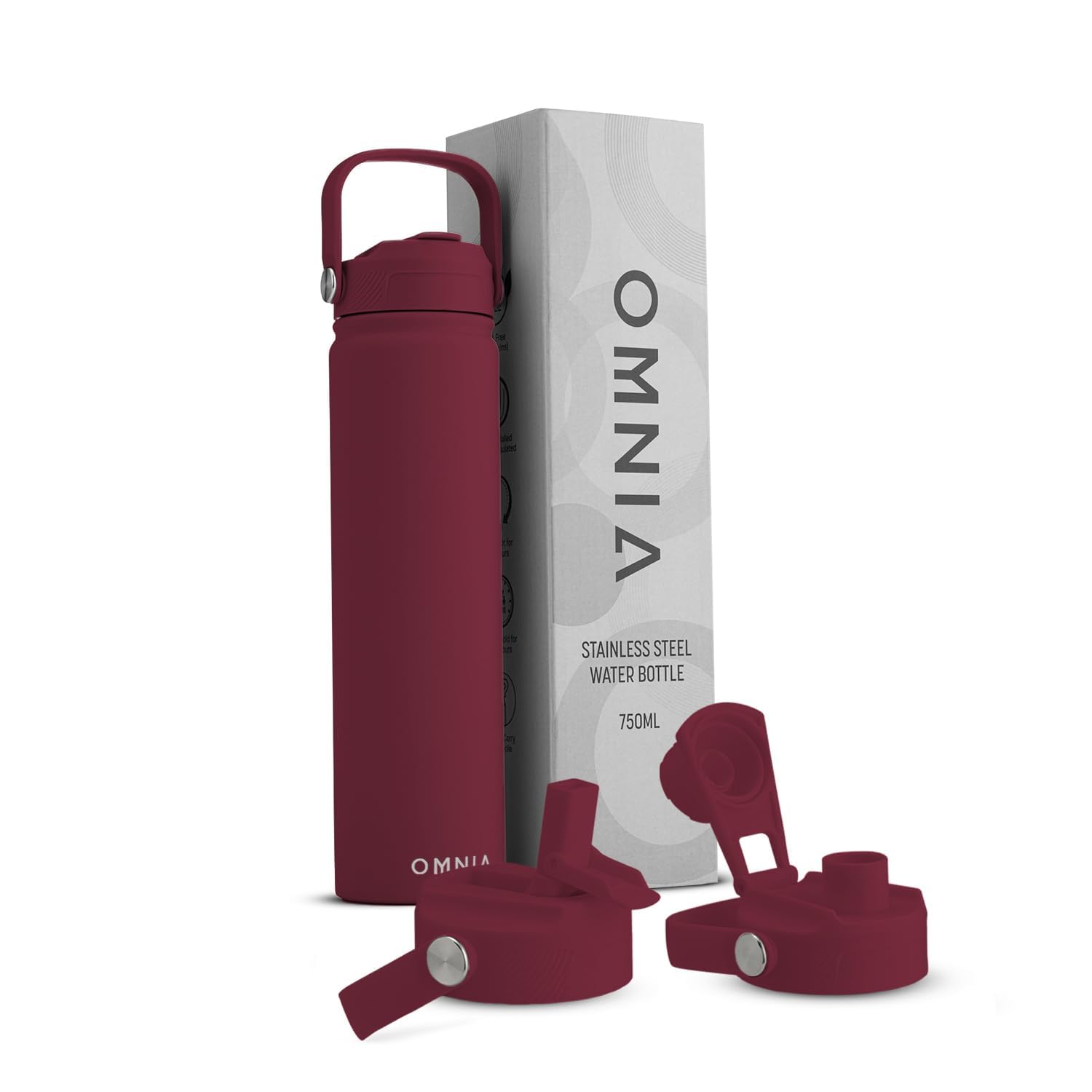 OMNIA NUTRIENTS Vacuum Insulated Stainless Steel Water Bottle, 2 Lids (Straw & Spout) Leakproof, BPA-Free, Reusable Flask Ideal for Travel and Outdoors (Burgundy - 750 ml)