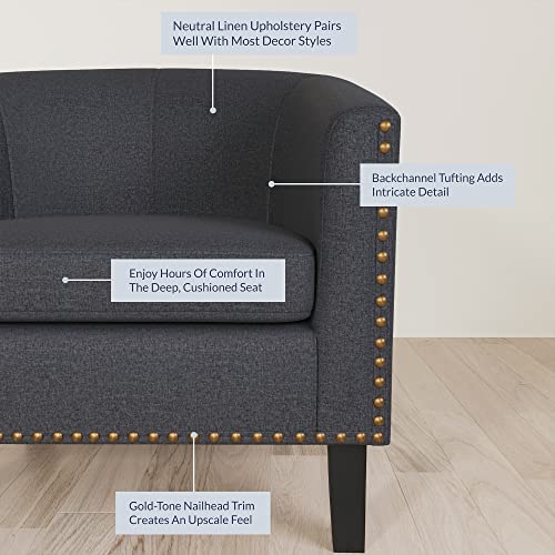 Image of BELLEZE Accent Barrel Chair, Modern Tub Club Chair Upholstered Armchair with Gold Nail Head Trim and Black Legs for Living Room Bedroom Apartment Lounge - Gray /Linen