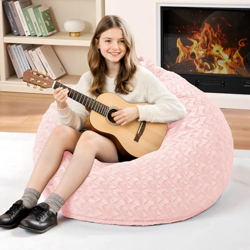 Image of 2FT Bean Bag Chair,Giant Bean Bag Chairs for Adults,Big Bean Bags with Memory Foam Filled, Large Beanbag Chairs with Chevron Plush Cover-Soft Pink