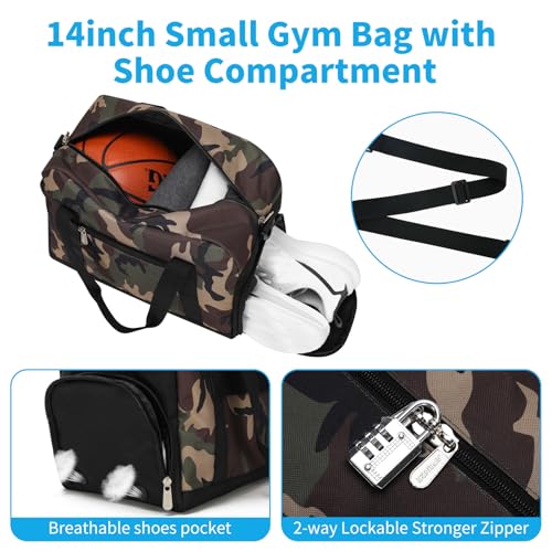Image of Apenze Small Gym Bag 14 inch lightweight Carry On Mini Duffel Bag with Shoe Compartment for Travel Sport - Camouflage