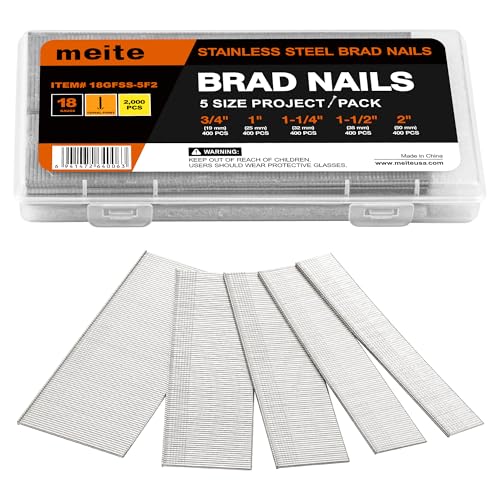 meite 18 Gauge Stainless Steel Brad Nails Assorted 5 Sizes (19 25 32 38 and 50 mm 400 Per Size) 2000-Counts Brad Nails for Pneumatic & Electric Brad Nailers Multi-Project Use