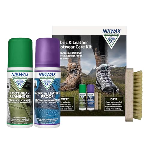 Nikwax FABRIC & LEATHER FOOTWEAR CARE KIT includes Cleaner for Waterproof Shoes & Spray On Waterproofer for Footwear with Shoe Brush Highly Effective Cleaning and Waterproofing Footwear Products