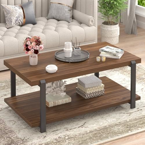 FOLUBAN Modern Coffee Table with Storage Shelf, Rustic Wood Cente...