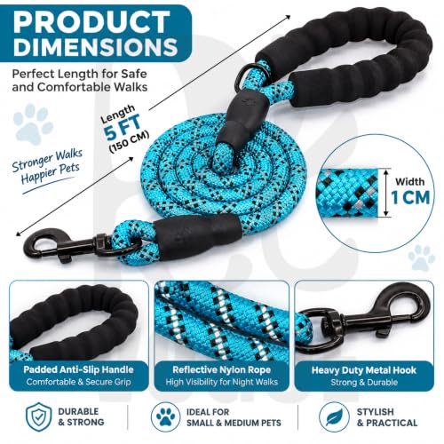 Image of PetVogue FT Nylon Rope Dog Leash, Heavy Duty Training & Walking Lead for Small, Medium & Large Dogs, Reflective Pet Walking Cord with Comfortable Padded Handle & Strong Metal Clip (Blue)