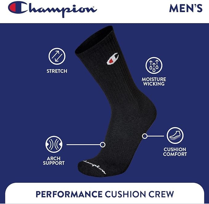 Image of Champion Men's Cushioned Crew Socks 5-Pack - Moisture-Wicking Athletic Crew Socks with Arch Support (Sizes 6-12)